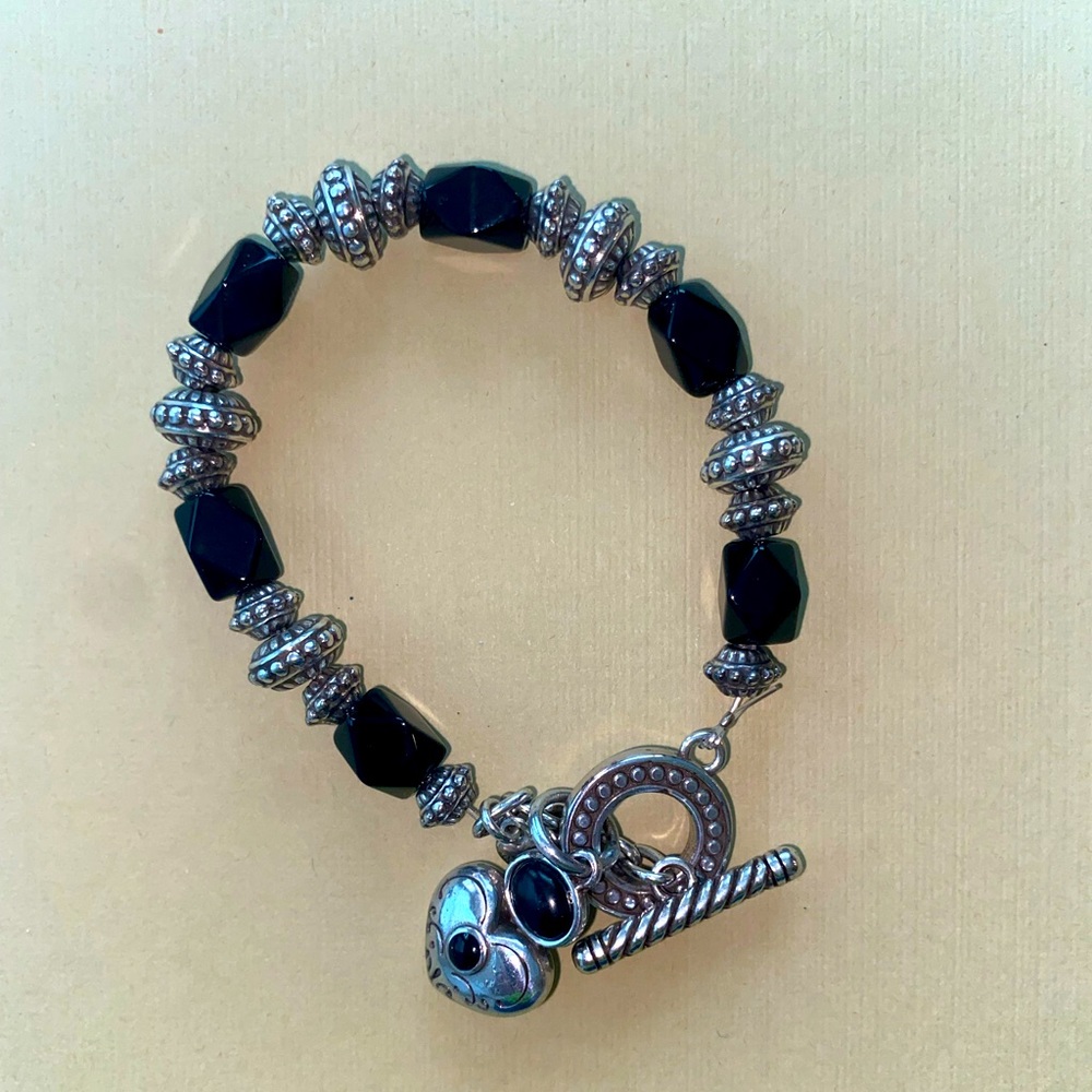 Brighton Black Onyx Silver Plate Beads Heart Charm Toggle Bracelet